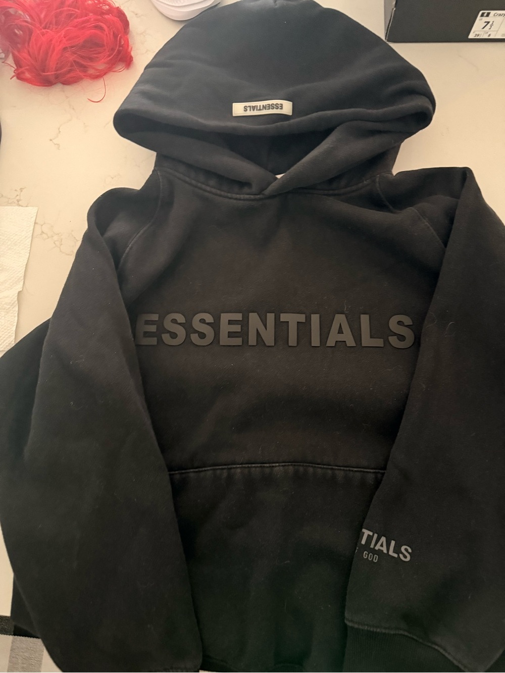 Essentials Black Hoodie with Subtle Logo Tab